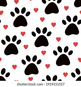 dog paw vector seamless pattern with hearts. Cute Valentine, Pet Day wallpaper background for pet shop, vet, goods for pet package. kitten cat dog paw silhouette ornament on white