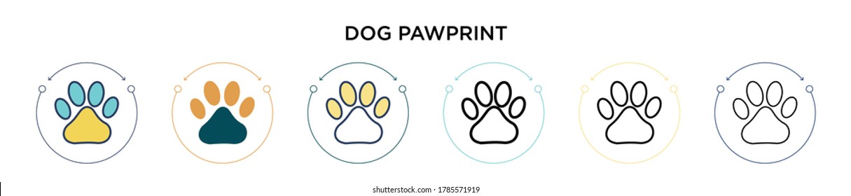 Dog pawprint icon in filled, thin line, outline and stroke style. Vector illustration of two colored and black dog paw print vector icon designs can be used for mobile, ui, web