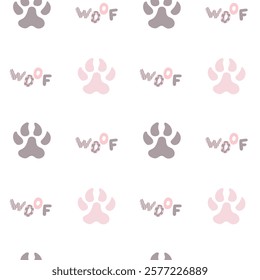 Dog paws, barking. Vector seamless pattern in pastel colors for textiles and wrapping paper. Cute dog footprints illustration