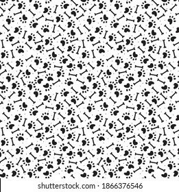 Dog paws and bones and dots seamless black and white pattern design on transparent background