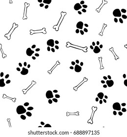 Dog paws and bones hand drawn seamless pattern. Zoo minimalistic design, pets background. Vector illustration.