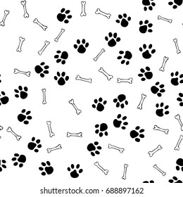 Dog paws and bones hand drawn seamless pattern. Zoo minimalistic design, pets background. Vector illustration.