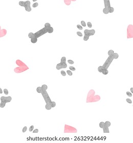 Dog paws, bones and hearts seamless pattern. Vector watercolor pets illustration