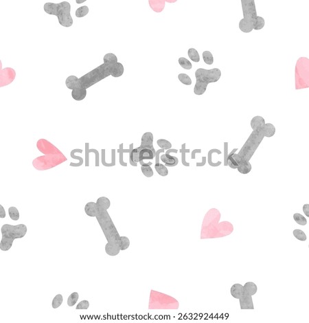 Dog paws, bones and hearts seamless pattern. Vector watercolor pets illustration