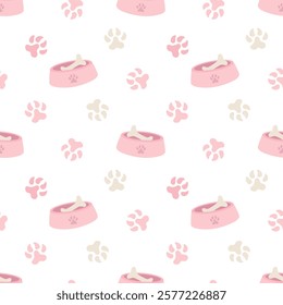 Dog paws, dog bowl, bones. Vector seamless pattern in pastel colors for textile and wrapping paper. Cute dog footprints illustration