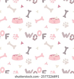 Dog paws, bowl, bones. Vector seamless pattern in pastel colors for textile and wrapping paper. Cute illustration of dog footprints