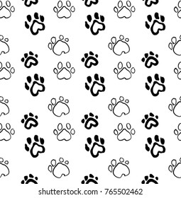 Dog paws seamless pattern. Animal vector monochrome background.