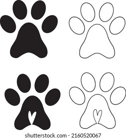 Dog paws silhouettes with hearts, line simple graphic design art