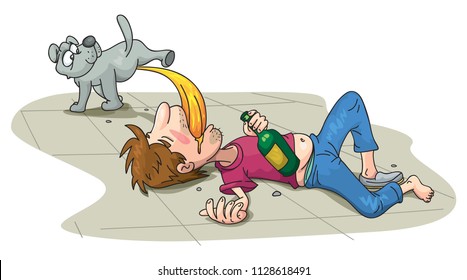 Dog Pee On Sleeping Drunk Man, illustration vector cartoon