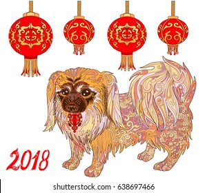 Dog pekingese and chinese lanterns in doodle style. Symbol of  New Year 2018 vector illustration.