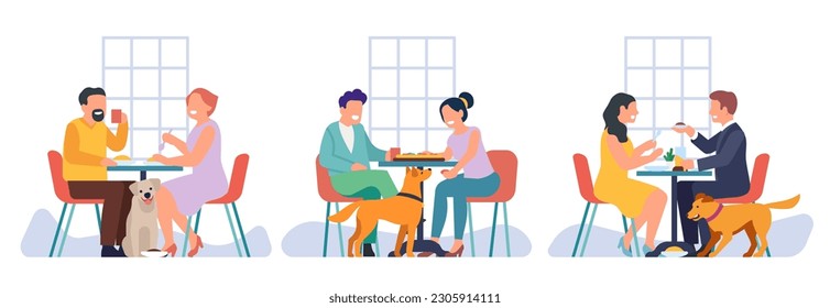 Dog and people eat together in same cafe. Pet friendly. Men and woman sitting at table, dinner or lunch in restaurant, happy animals with owners cartoon flat style