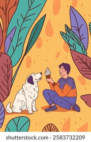 Dog and person enjoying ice cream outdoors. A person sits holding ice cream facing a dog amidst colorful leaves on an orange background. Ideal for website design