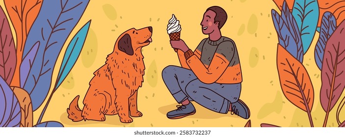 Dog and person sharing ice cream outdoors. A person kneels offering an ice cream cone to a sitting dog surrounded by colorful leaves on a yellow background