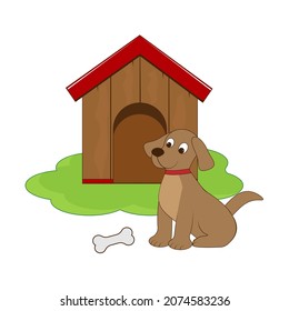 Dog pet with bone on doghouse illustration, vector illustration