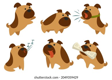 Dog pet bringing newspaper, barking and making sound. Isolated puppy, playful canine animal with sticked out tongue. Purebred character sitting and walking. Vector in flat style illustration