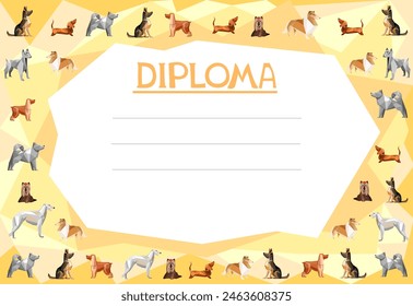 Dog pet care diploma or certificate vector template with cartoon zoo shop items for puppies. Award frame template with dogs. Certificate template. flat vector. Diploma of dog show. Best of the Breed