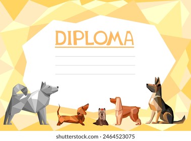 Dog pet care diploma or certificate vector template with cartoon zoo shop items for puppies. Award frame template with dogs. Certificate template. flat vector. Diploma of dog show. Best of the Breed