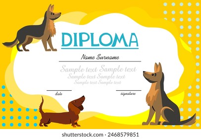 Dog pet care diploma or certificate vector template with cartoon zoo shop items for puppies. Award frame template with dogs. Certificate template. flat vector. Diploma of dog show. Best of the Breed