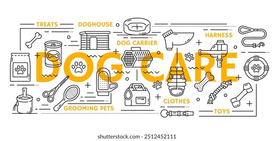 Dog pet care line icons vector set include treats, doghouse, carrier and harness. Grooming tools like scissors and brushes, clothes and toys, bones, canned food. Production for domestic canine animals