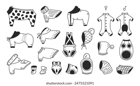 Juego de garabatos para perros. Iconos de la ropa de dibujos animados dibujados a mano para el cachorro y el gato. Línea negra bocetos de mono general bragas sombrero suéter chaqueta zapato bota. Ilustración vectorial