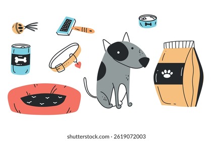 Dog with pet dogs tools stuff isolated set. Flat line art illustration