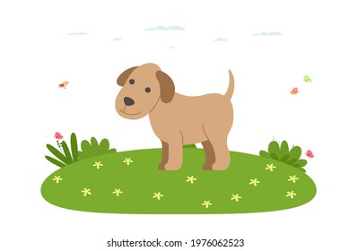 Dog. Pet, domestic and farm animal. Dog is walking on the lawn. Vector illustration in cartoon flat style.