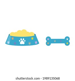 Cuenco de comida seca para perros y mascotas con huellas, huellas de pata. Huesos masticados de perros para la ilustración vectorial de dientes aislados en fondo blanco.