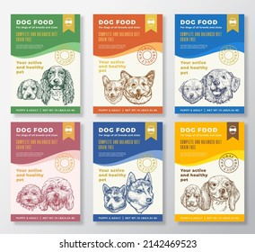 Dog Pet Food Label Templates Set. Abstract Vector Packaging Design Layouts Collection. Typography Banners with Hand Drawn Puppy and Adult Dog Breeds Sketch Faces Backgrounds. Isolated