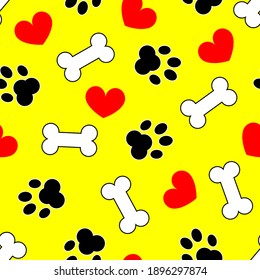 Dog Pet Footprints Heart And Bone On Yellow Background Seamless Pattern. Design For Pet Supplies, Textiles, Packaging. Stock Vector Illustration.