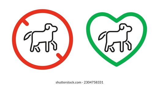 Se prohíbe y permite la mascota de perro, se prohíbe la firma y el animal amistoso. Canina en círculo de restricción roja y corazón aprobado verde. Ilustración del vector
