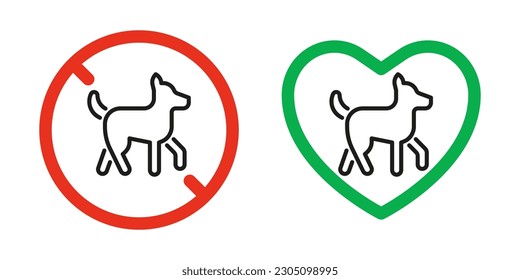 Dog pet forbidden and allowed, sign prohibition and friendly animal. Canine in red restriction circle and green approved heart. Vector illustration