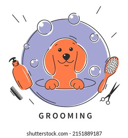 Dog pet grooming. Animal hair grooming salon logo, haircuts, bathing. Cartoon dog taking a bath full of soapy suds.Vector illustration