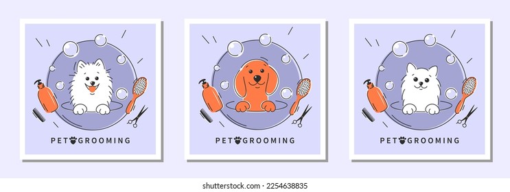 Dog pet grooming. Animal hair grooming salon logo, haircuts, bathing. Cartoon dogs and cat taking bath full of soapy suds.Vector illustration