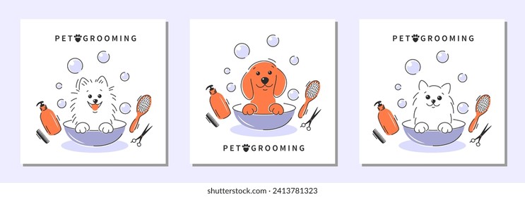 Dog pet grooming. Animal hair grooming salon logo, haircuts, bathing. Cartoon dogs and cat taking bath full of soapy suds.Vector illustration