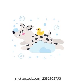 Dog pet grooming. Caring about Dalmatian. Pet washing service. Happy bathing pet. Flat vector illustration