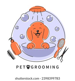 Dog pet grooming. Cartoon dog taking a bath full of soapy suds. Animal hair grooming salon logo, haircuts, bathing. Vector illustration