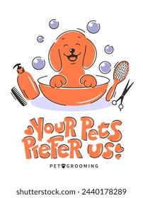 Dog pet grooming. Cartoon dog taking a bath full of soapy suds. Animal hair grooming salon logo, haircuts, bathing. Handwritten inscription. Vector illustration