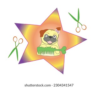 Dog pet grooming. Pet grooming logo concept. Cartoon dog like a superstar. Vector illustration.