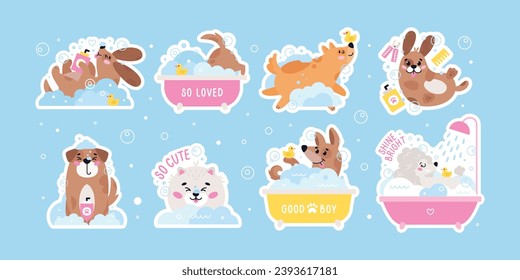 Dog pet grooming stickers. Caring about dogs. Set of vector flat pet washing illustrations
