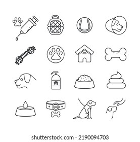 Dog pet line icon set. Domestic animal, dog toy, treats, snacks, pet house, harness.