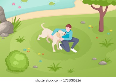 Dog pet and owner playing at grass lawn in park, vector isometric illustration. Girl woman or boy man cuddle and caress dog pet at park lake, domestic animals care and daily life