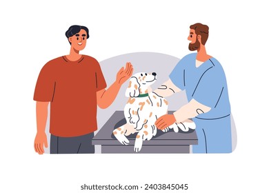 Propietario de perros y mascotas en la oficina veterinaria. Canino animal, perrito en clínica veterinaria. Cita médica, chequeo médico en el hospital de veterinaria. Ilustración vectorial plana aislada en fondo blanco