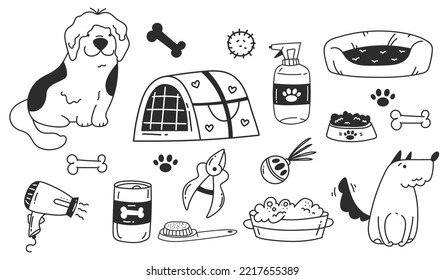 Bañera de cachorro para mascotas para mascotas de perro suministros para cepillo herramientas estilo arte línea conjunto aislado. Elemento de ilustración de diseño gráfico de vector