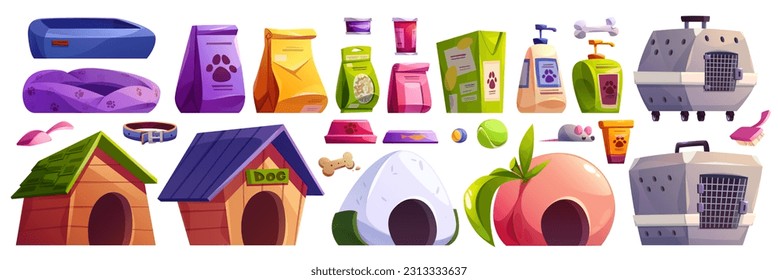 Dog pet shop store with toy vector cartoon illustration. Petshop interior with kennel carrier cage, care accessories, food product and bowl isolated equipment with paw package design element set.