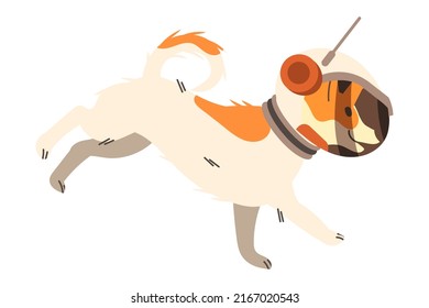 Dog Pet In Space Suit And Helmet Standing On The Moon Surface Vector Illustration