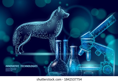 Dog pet standing with microscope lab. Low poly polygonal 3D dog silhouette companion. Animal medical center banner template vector illustration