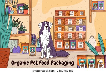 Dog in pet store organic food packaging shelves plants colorful design indoor setting