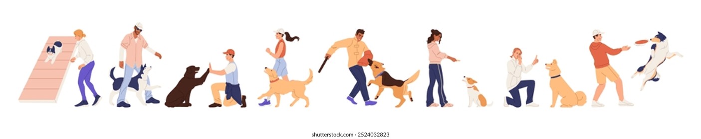 Dog, pet walk. Park puppy training, playground for pets. Jump animal, people run. Area activity friend. Playful woman and man with canine. Vector character cartoon flat style happy scenes illustration