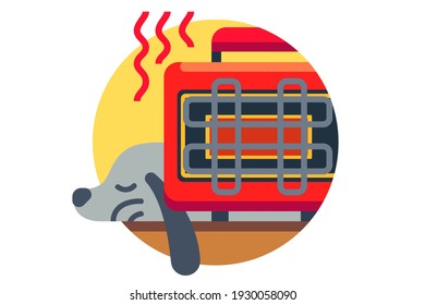 Dog pet warms up near heater vector illustration. Heater appliance for home flat style. Climate and temperature control. Hot air stream. Technology concept. Isolated on white background