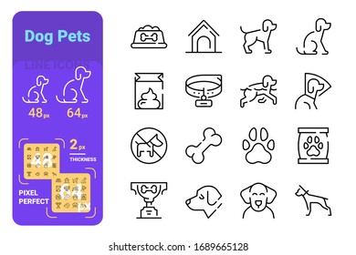 Dog pets line icons set vector illustration. Collection of dog bowl, doghouse, dog-collar, litter, puppies, bone, food symbols flat style design. Isolated on white